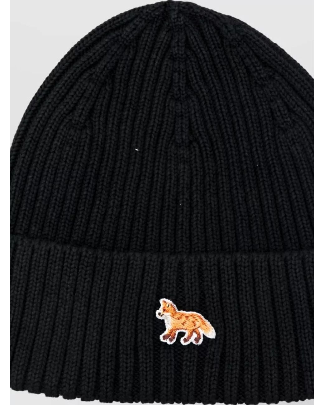 Maison Kitsuné Black Ribbed Wool Beanie for men
