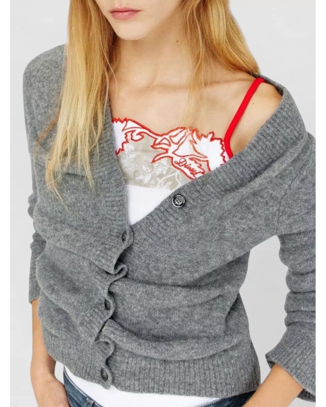 DIESEL Gray Asymmetric Draped Cropped Cardigan