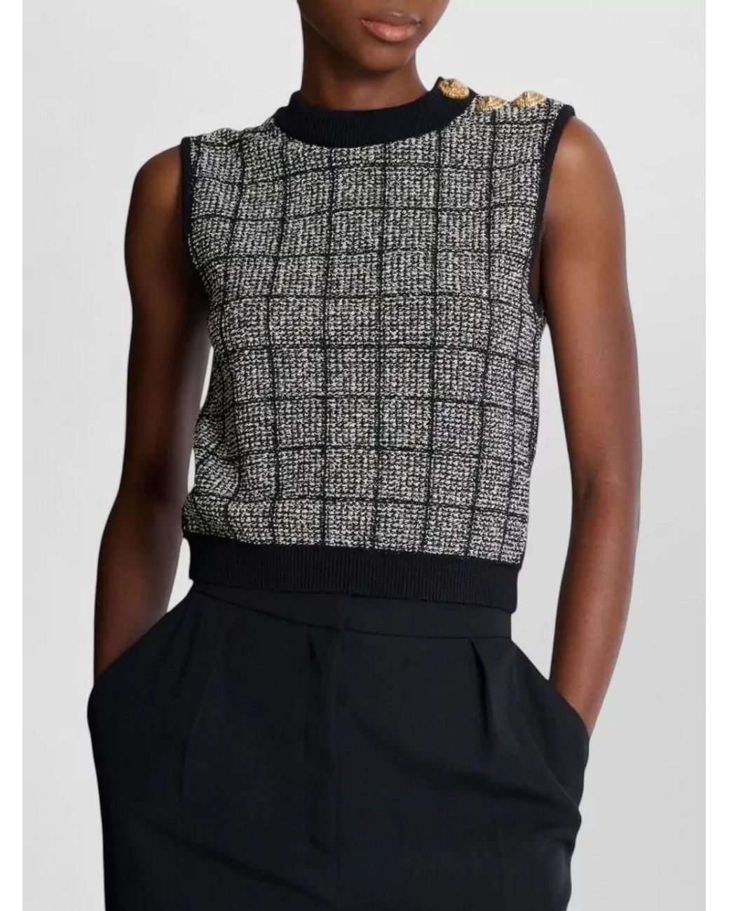 Balmain Gray Tweed Cropped Sleeveless Top