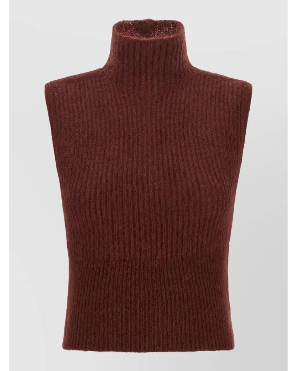 Max Mara Brown Mohair Sleeveless Ribbed High-Neck Cutout Cropped Sweater
