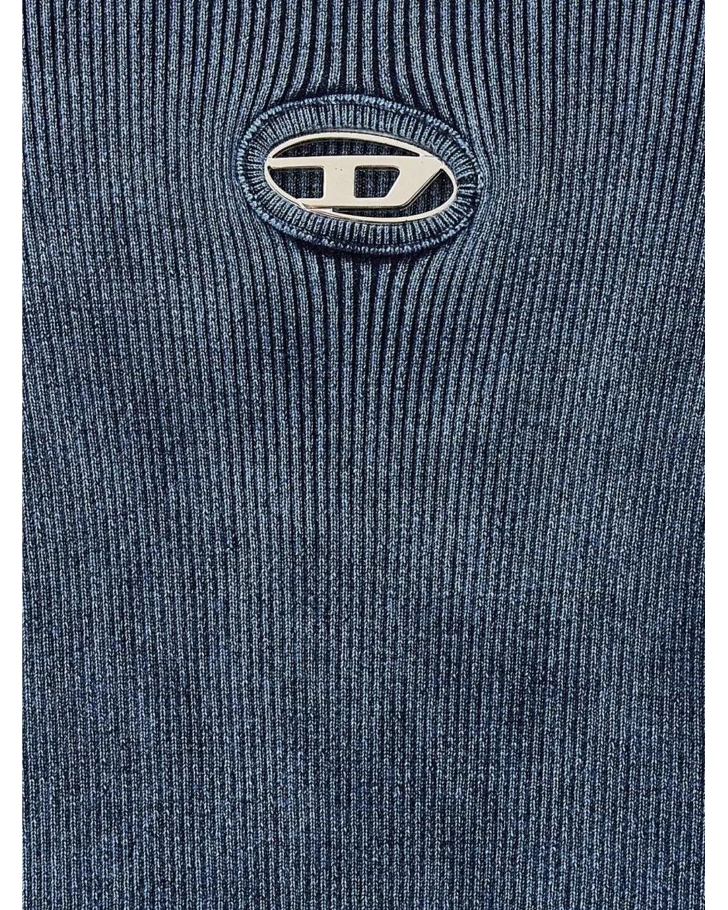 DIESEL Blue Organic Cotton Ribbed Cutout Long-Sleeve Top