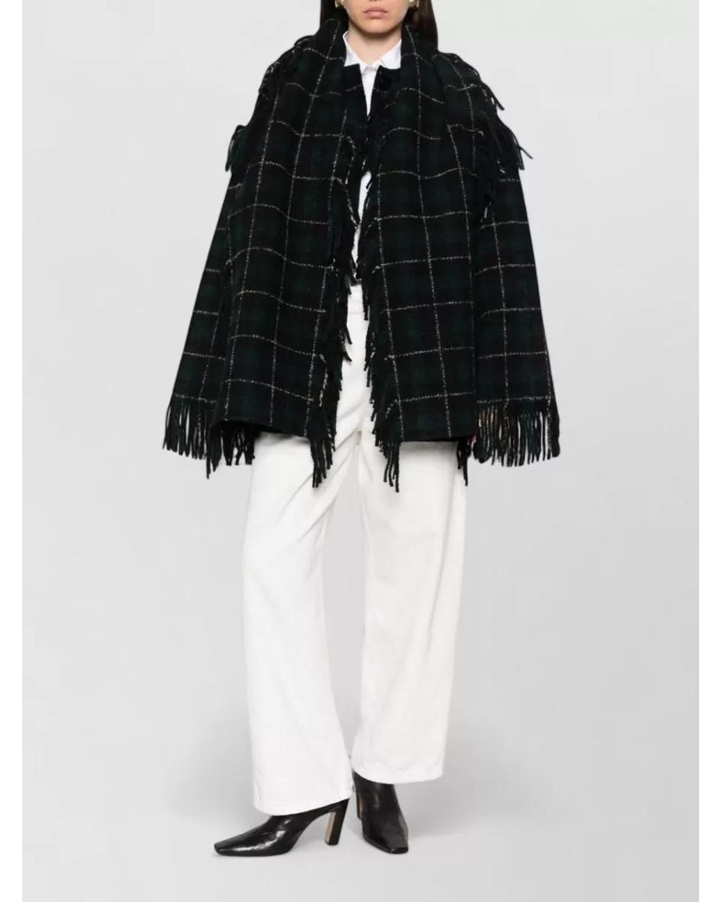 Totême  Black Wool Checked Fringed Cape Jacket