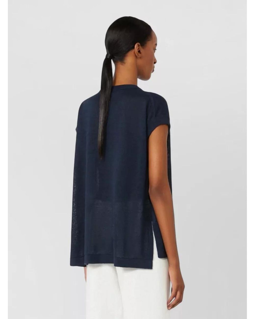 Max Mara Blue Linen V-Neck Short-Sleeve Knitted Top