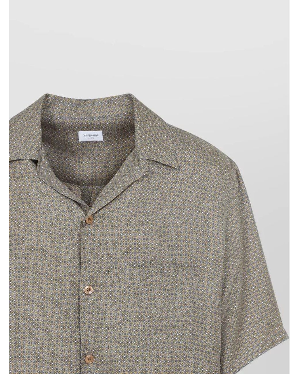 Saint Laurent Natural Silk Geometric-Print Cuban-Collar Short-Sleeve Shirt for men