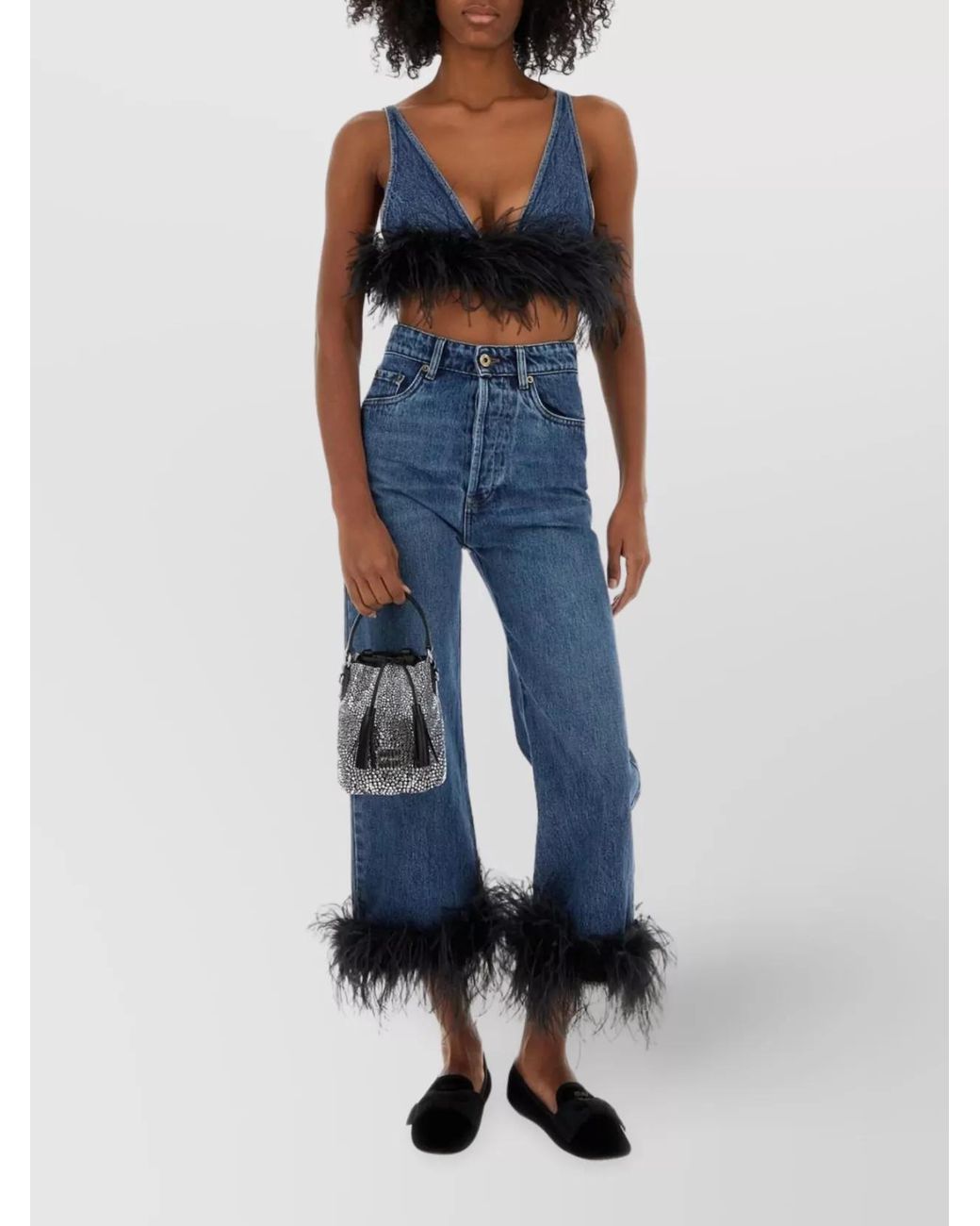 Miu Miu Blue Denim Feather-Trim Cropped Top