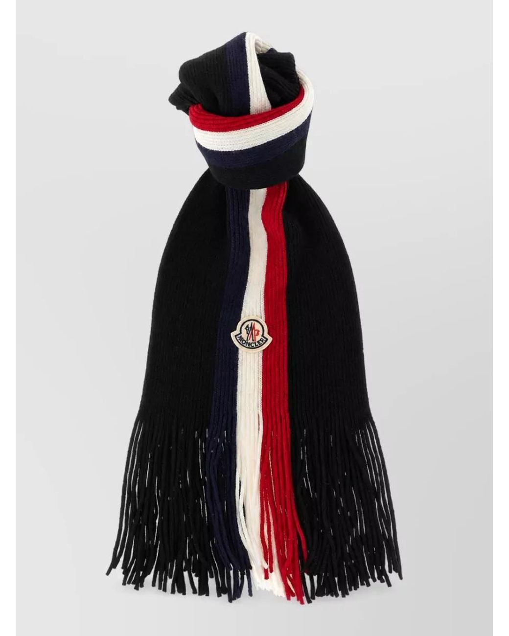 Moncler Black Wool Ribbed Tricolor Scarf for men
