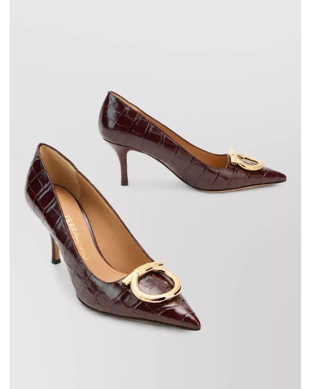 Ferragamo Brown Leather Croc-Effect Pumps