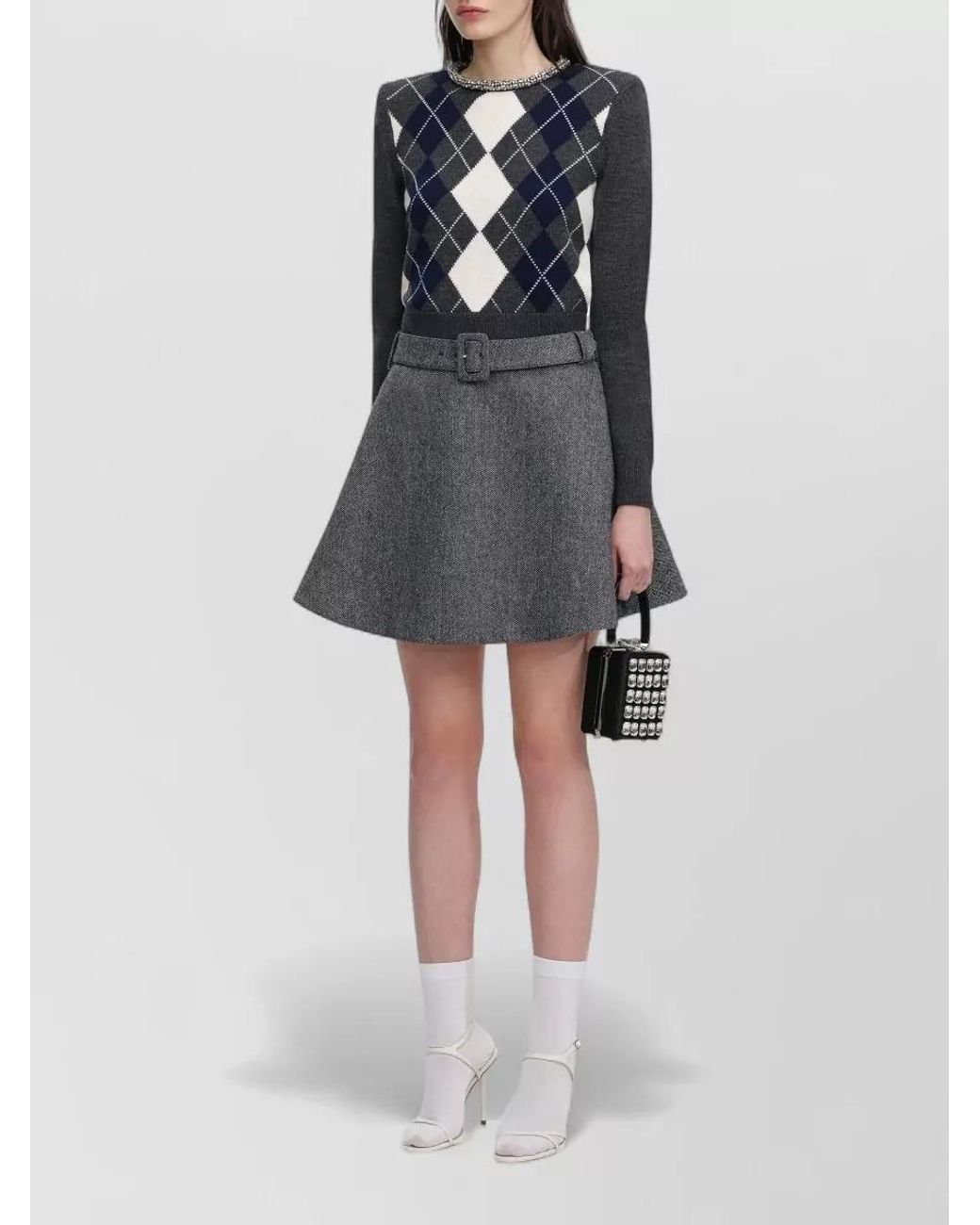 Self-Portrait Multicolor Wool Argyle Crystal-Trim Knit Jumper