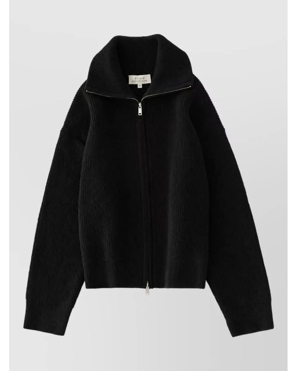 Studio Nicholson Black Merino Wool Ribbed High Neck Zip-Up Cardigan