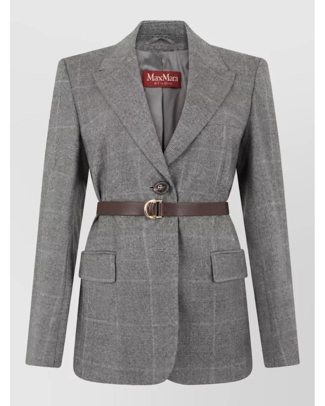 Max Mara Gray Single-Breasted Checked Wool Belted Blazer