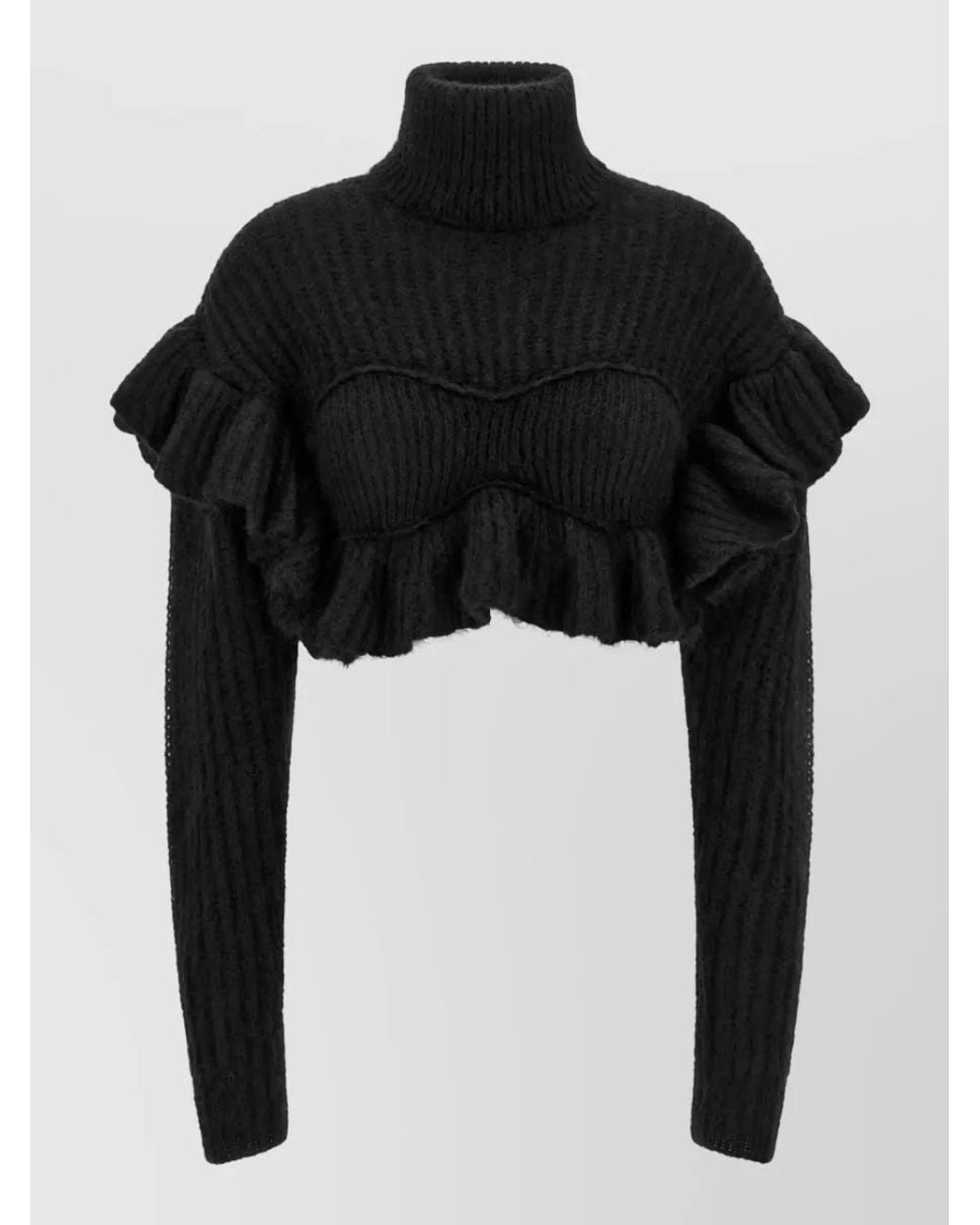Elisabetta Franchi Black Mohair Ribbed Ruffled High Neck Cropped Sweater