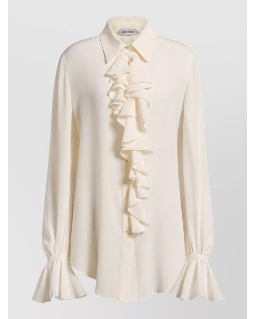 Alberta Ferretti Natural Silk Crepe De Chine Ruffled Long-Sleeve Blouse