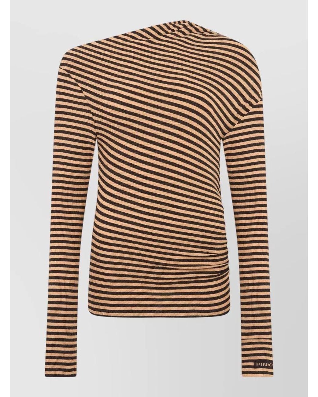 Pinko Brown Striped Asymmetric Long-Sleeve Knit Polo Top