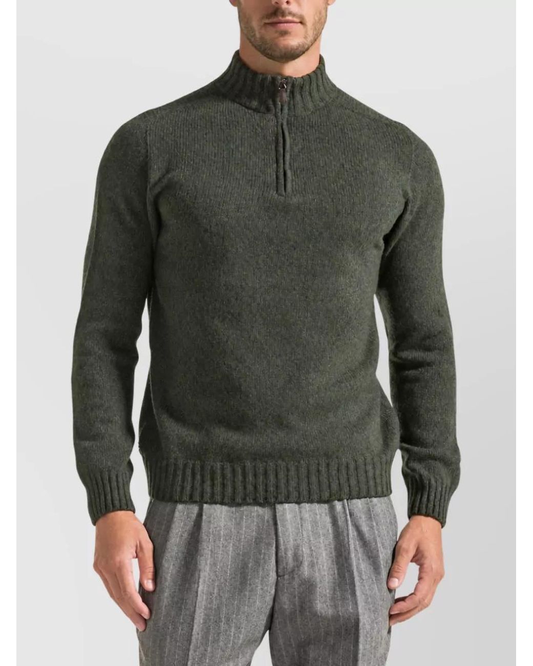 SEVENTY VENEZIA Green Ribbed Mock Neck Zip Jumper for men