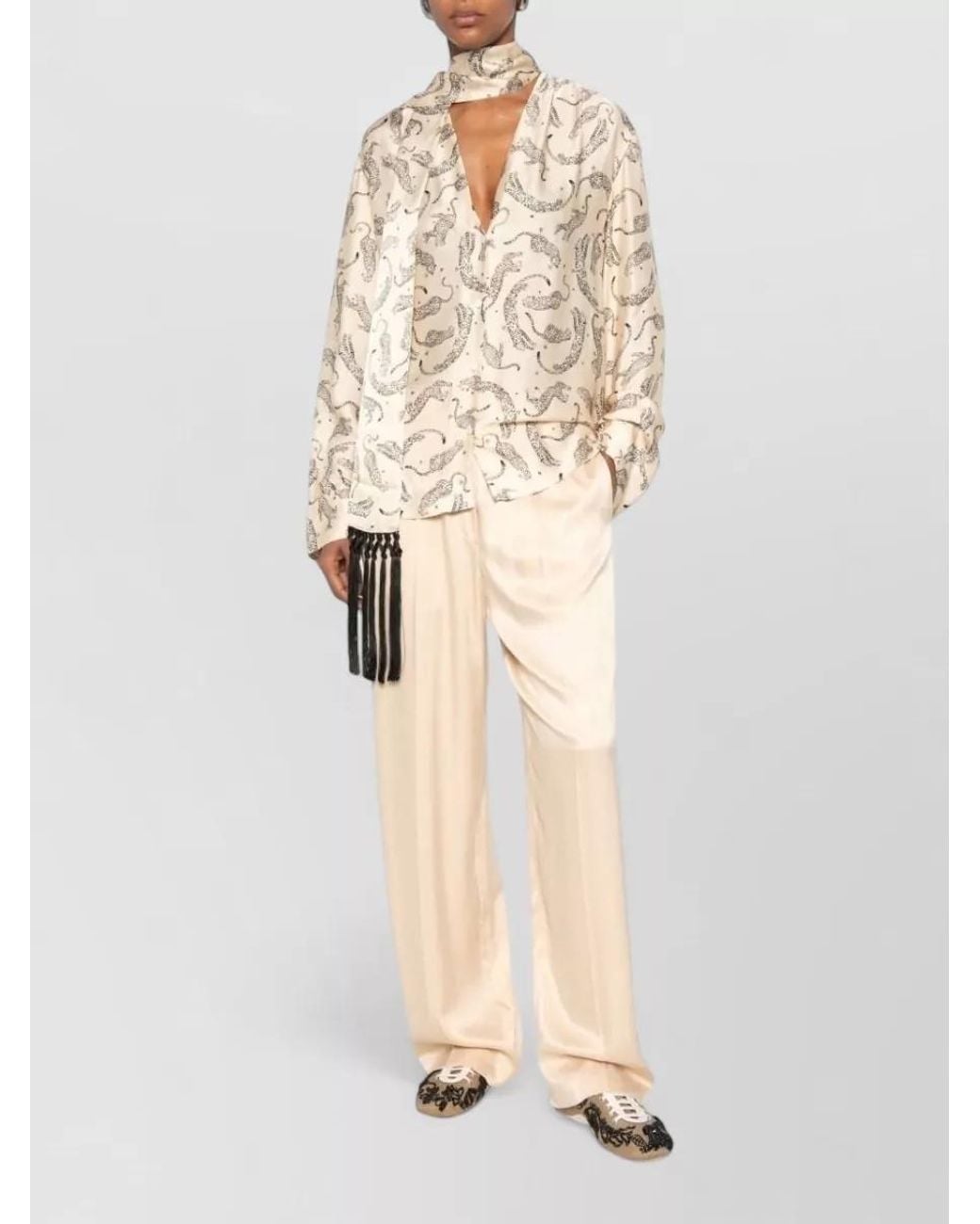 Forte_forte Natural Leopard-Print Fringed V-Neck Long-Sleeve Shirt