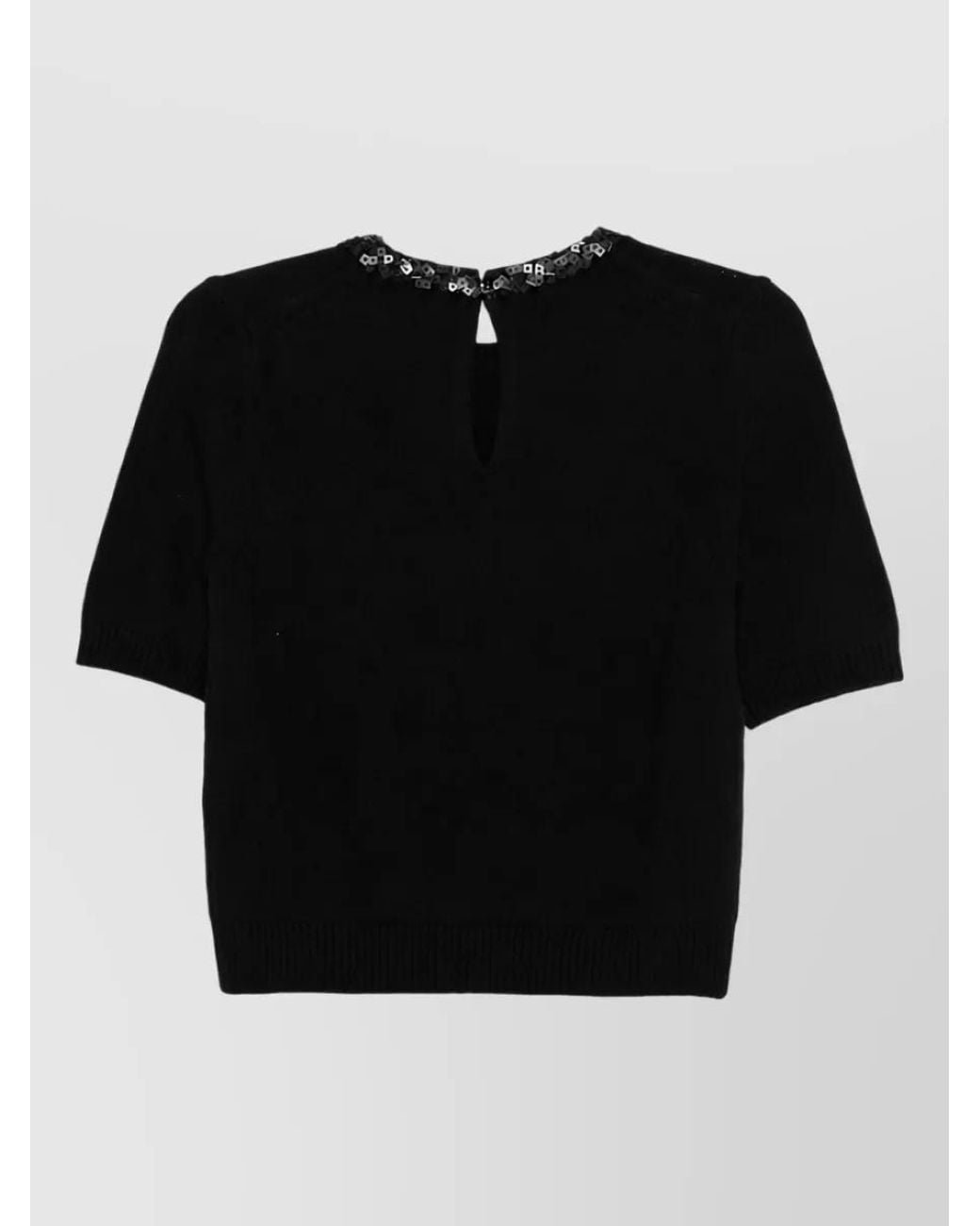 Semicouture Black Cashmere Wool Sequin-Embellished Short-Sleeve Crew-Neck Knitted Top