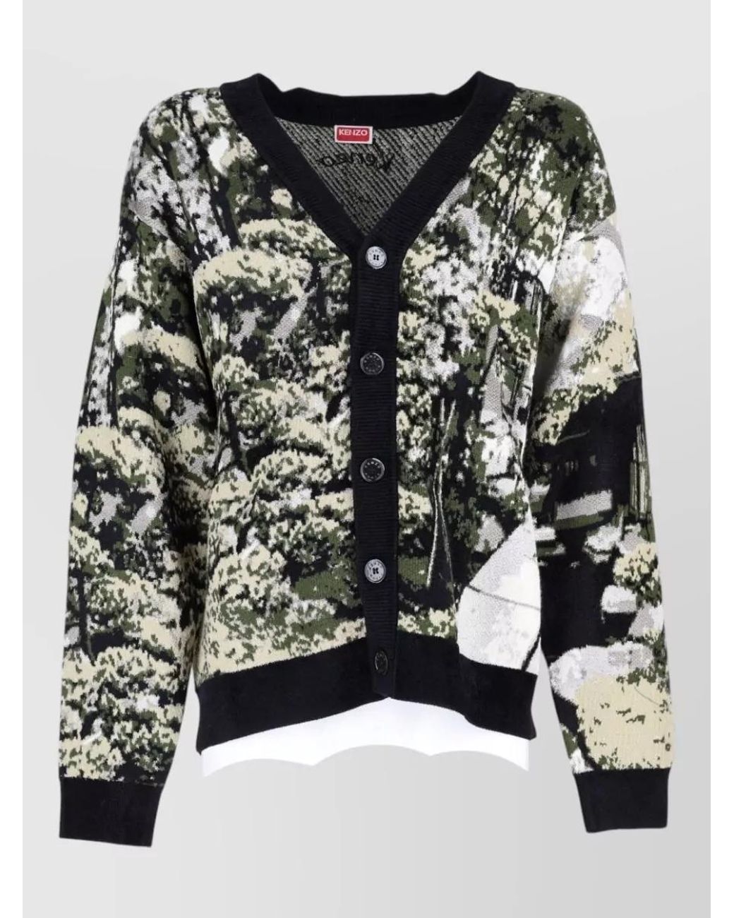 KENZO Black Silk Wool Landscape Jacquard V-Neck Cardigan for men