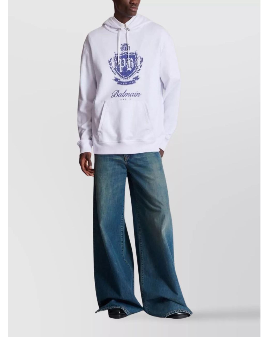 Balmain White Cotton Emblem Print Hoodie for men
