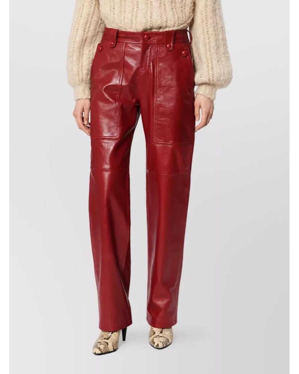 Isabel Marant Red Lamb Leather Paneled Straight-Leg Trousers