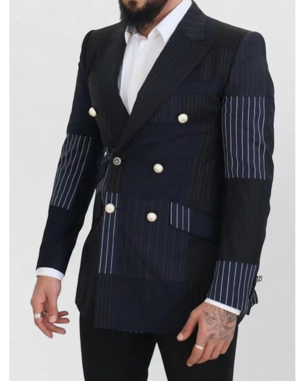 Dolce & Gabbana Blue Silk Patchwork Double-Breasted Blazer for men