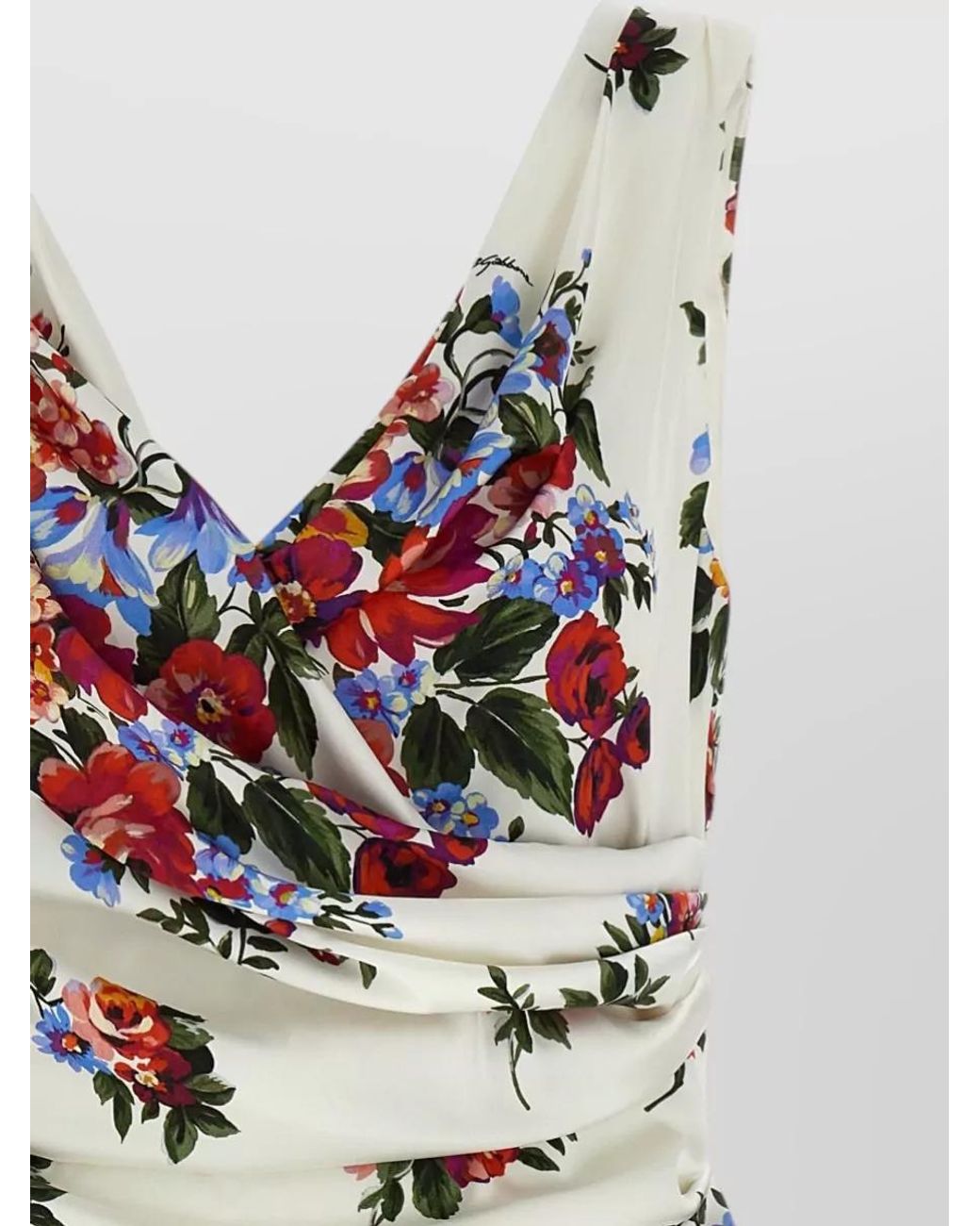 Dolce & Gabbana White Viscose Satin Floral Print Draped V-Neck Sleeveless Knee-Length Dress