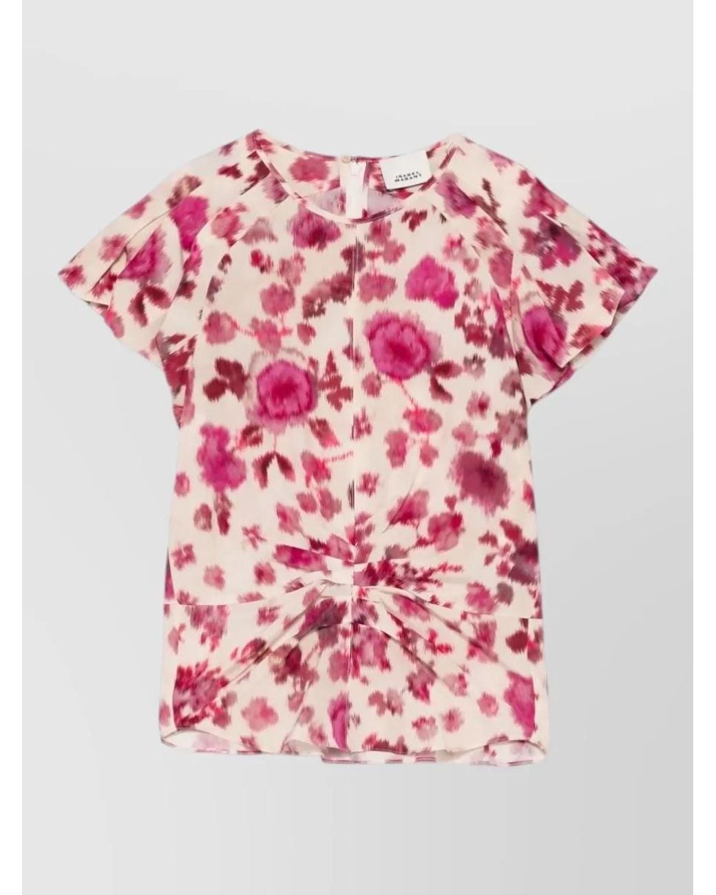 Isabel Marant Pink Silk Floral Print Knotted Short Sleeve Top