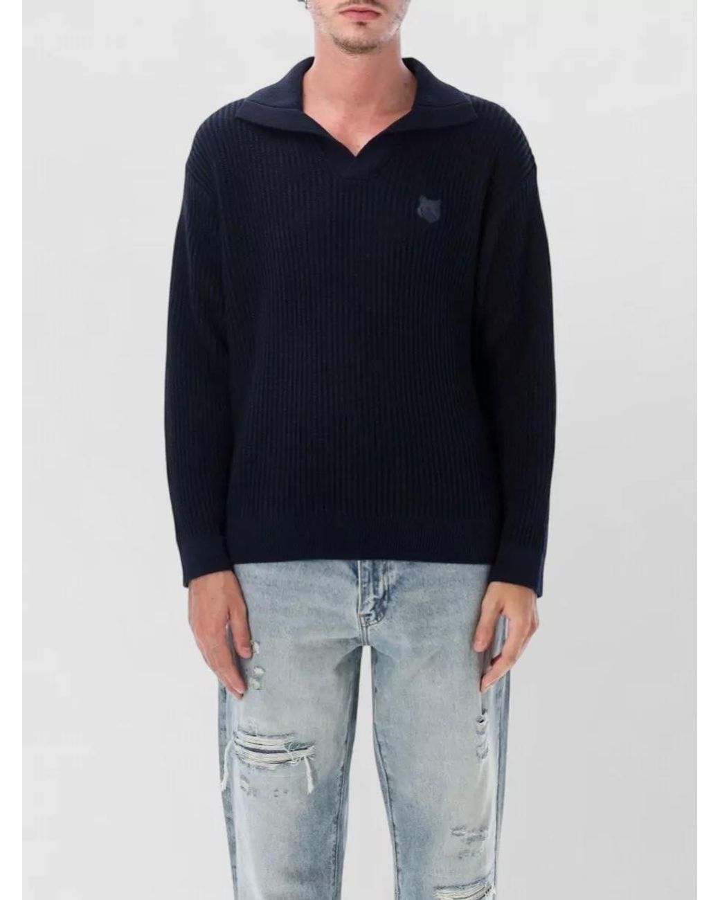 Maison Kitsuné Blue Cotton Ribbed Polo Jumper for men