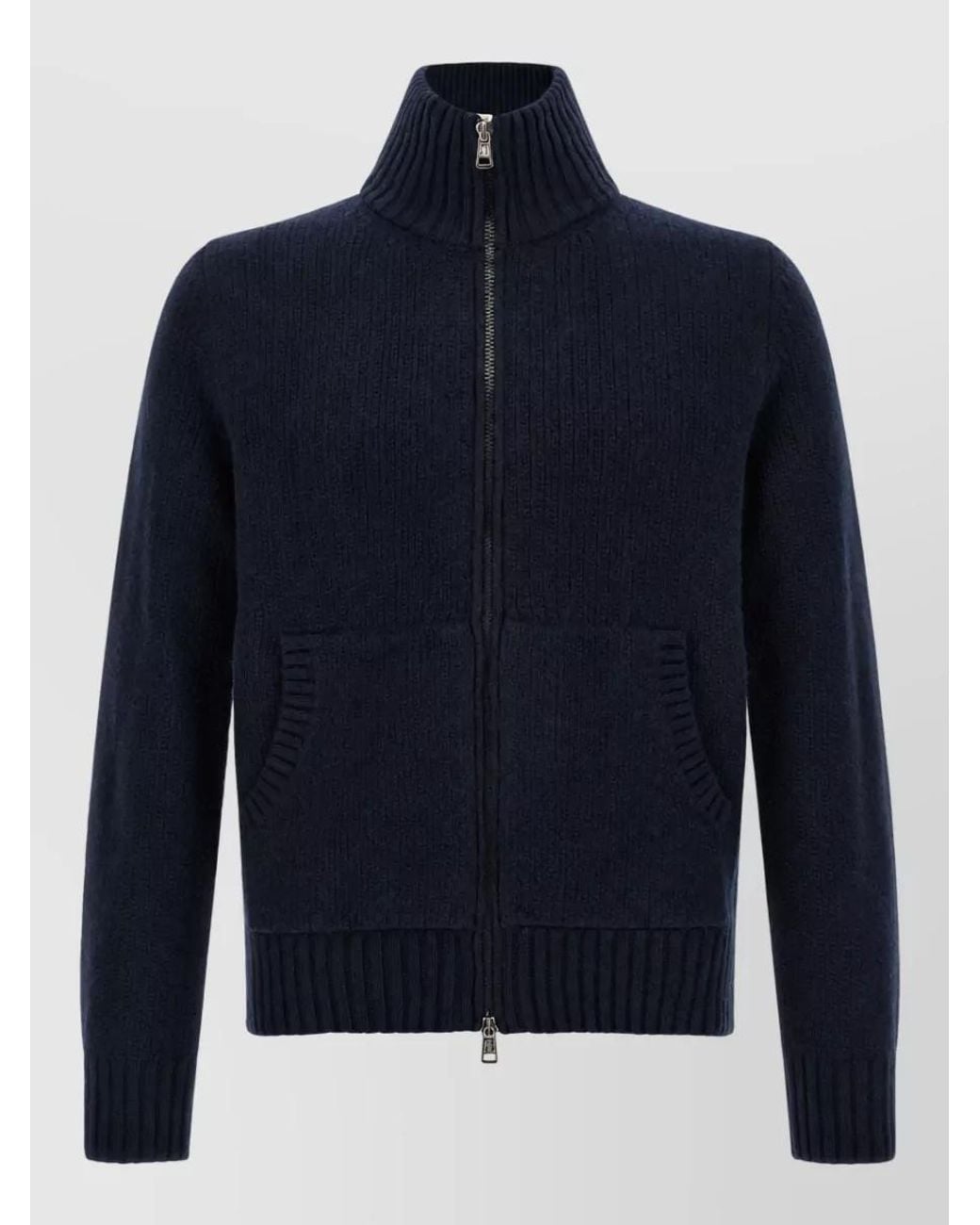 Moncler Blue Wool Cashmere Ribbed High Neck Cardigan for men
