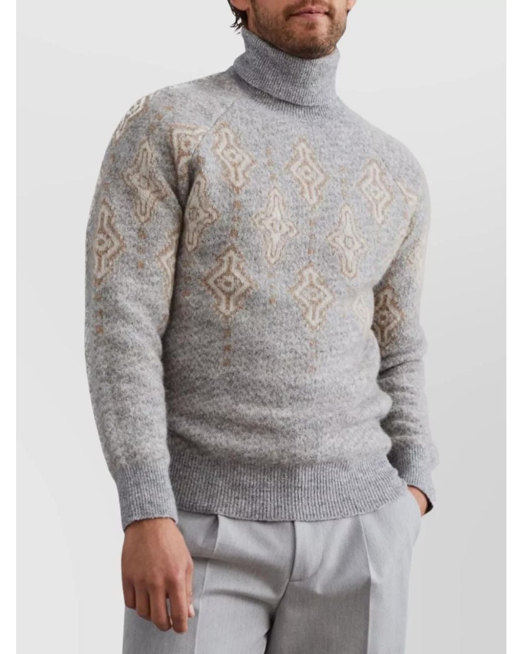 Brunello Cucinelli Gray Alpaca Blend Intarsia Knit Turtleneck Jumper for men