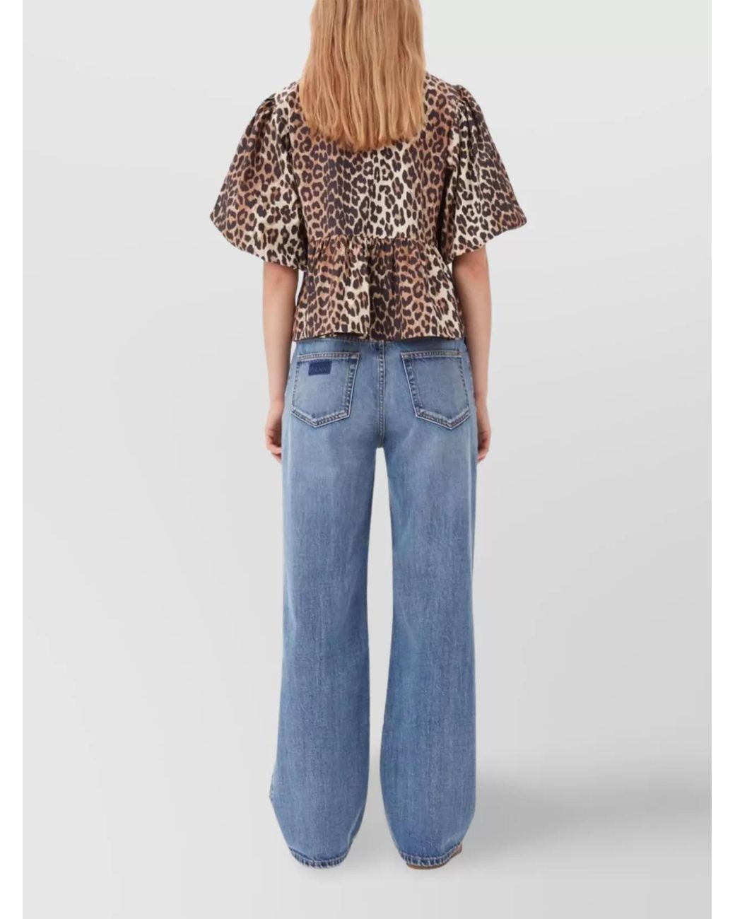 Ganni Multicolor Leopard-Print Organic Cotton Peplum Blouse