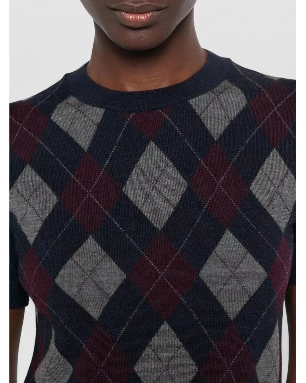 Tory Burch Blue Wool Argyle Short-Sleeve Crewneck Sweater
