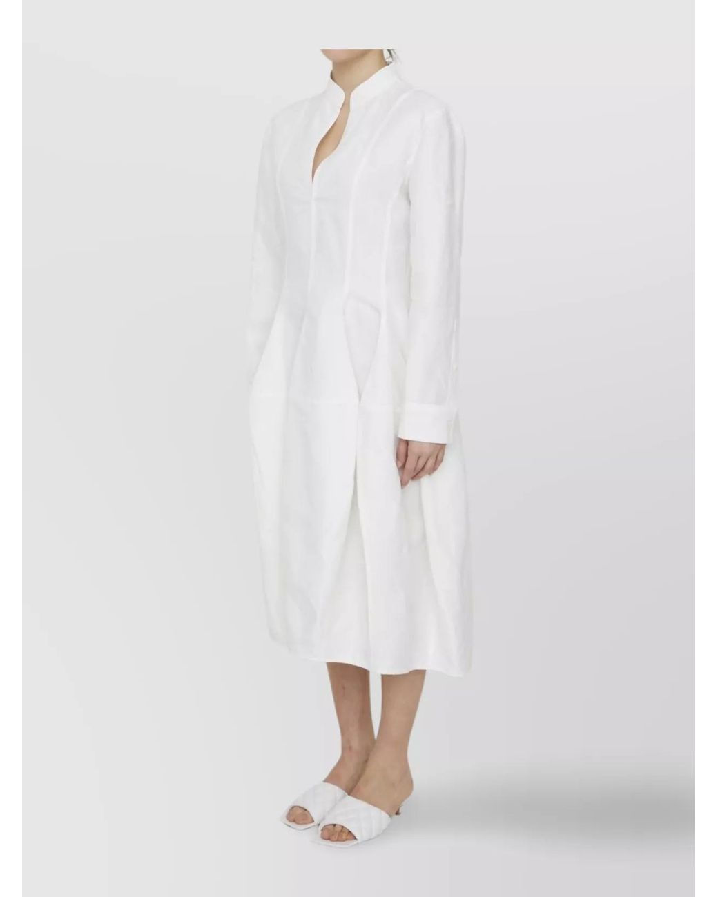 Bottega Veneta White Linen And Viscose Dress With Buttoned Sleeves