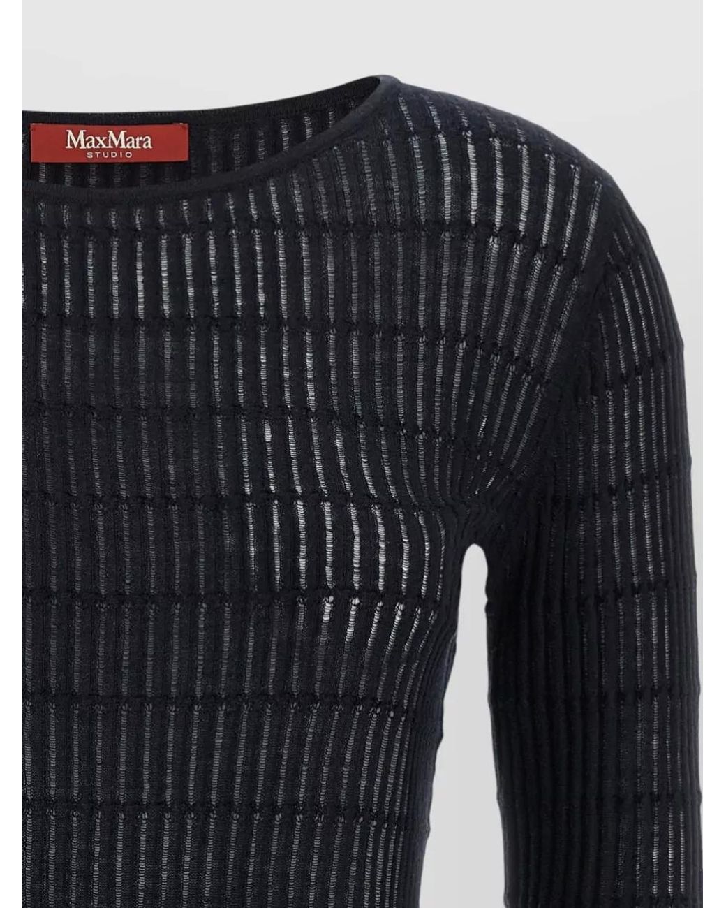 Max Mara Black Silk Wool Ribbed Boat Neck Long-Sleeve Sweater