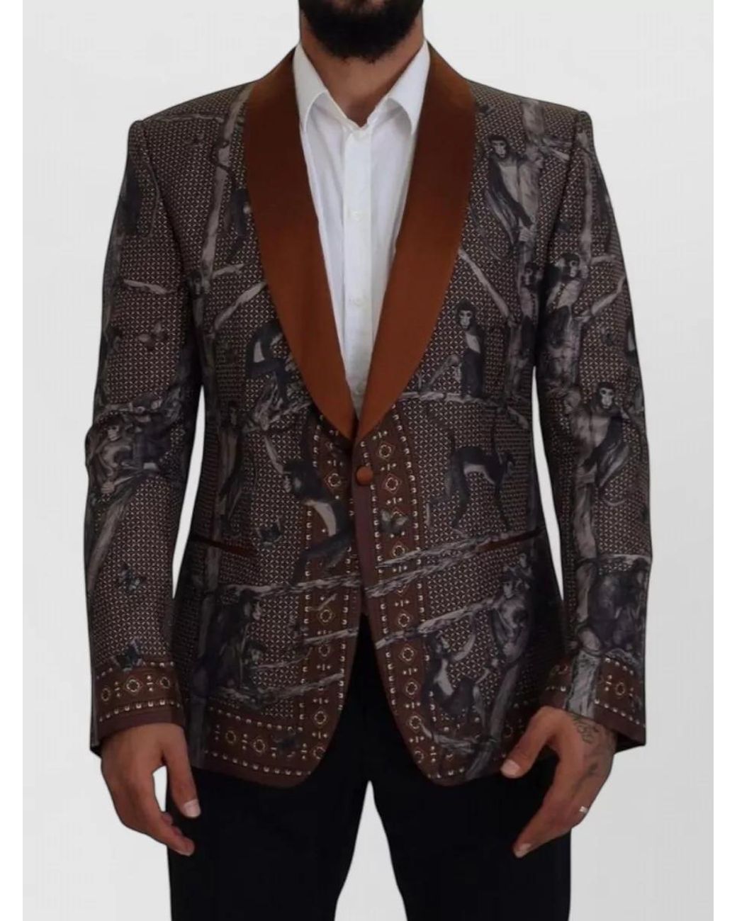 Dolce & Gabbana Black Silk Monkey Print Slim-Fit Blazer for men