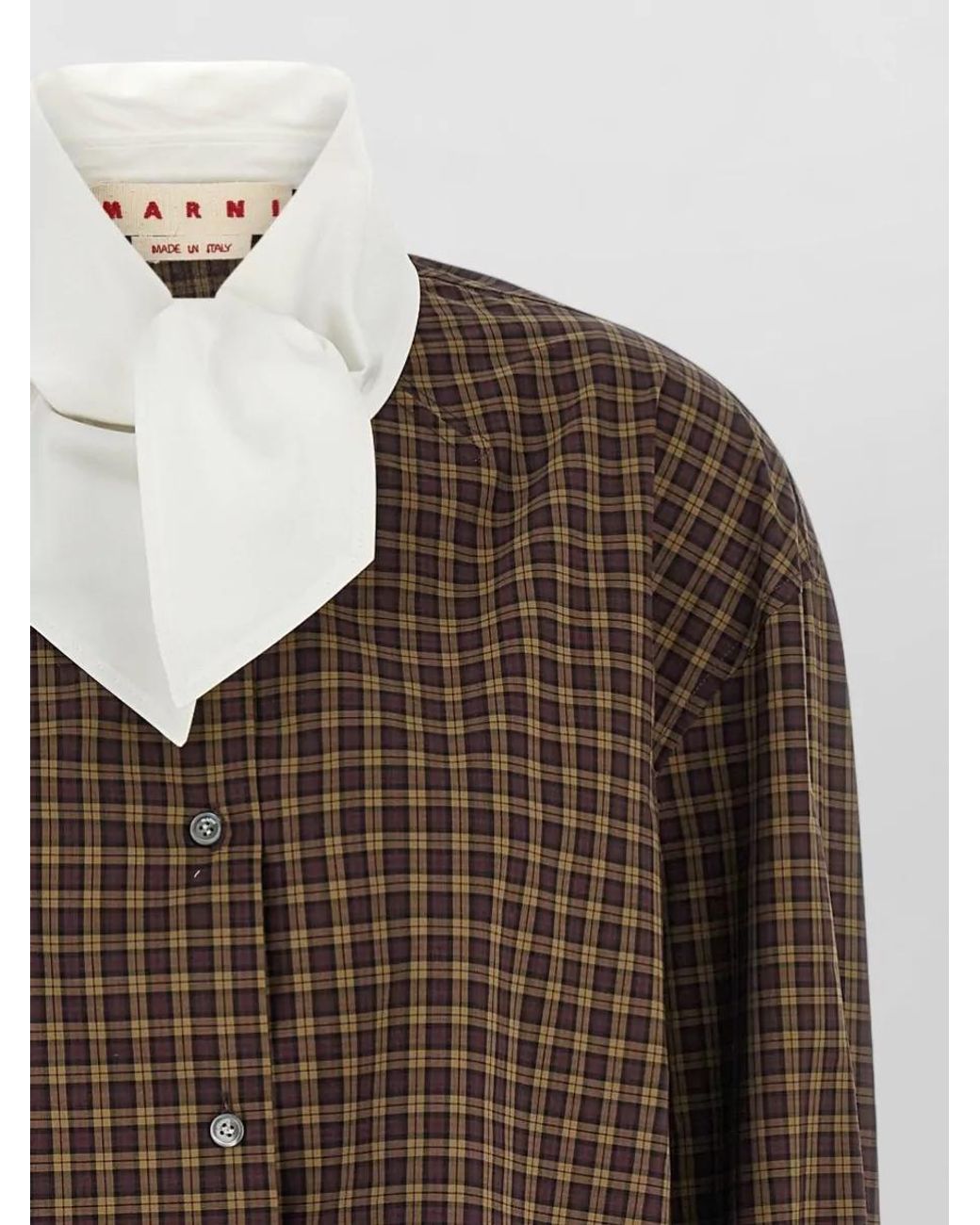 Marni Brown Embroidered Check Cotton Scarf Collar Oversized Shirt