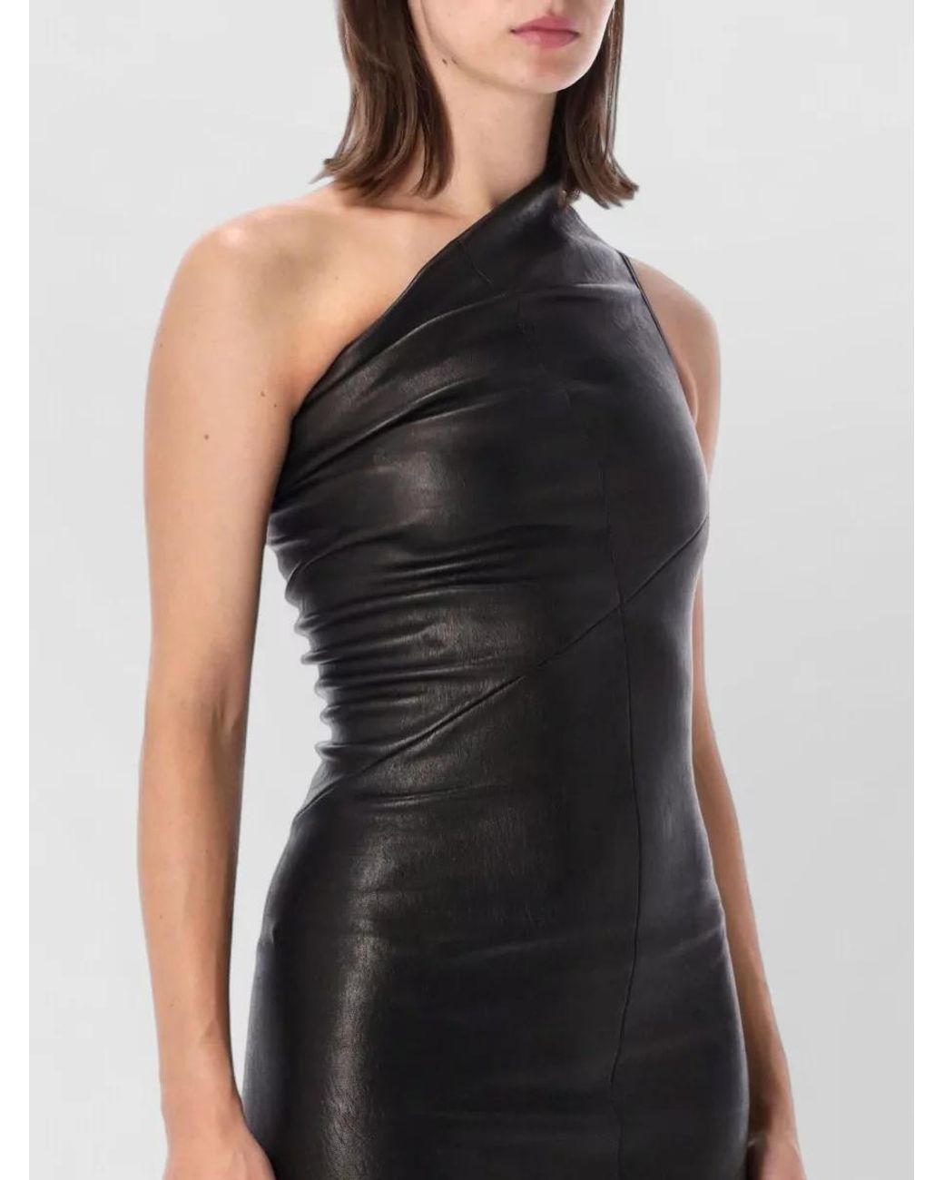 Rick Owens Black Leather Asymmetric Draped Maxi Dress