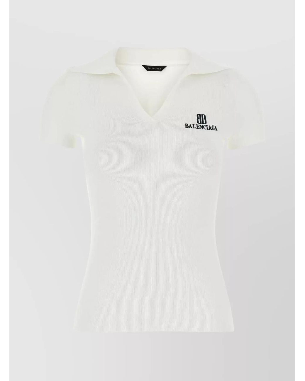 Balenciaga White Ribbed V-Neck Short-Sleeve Polo Top