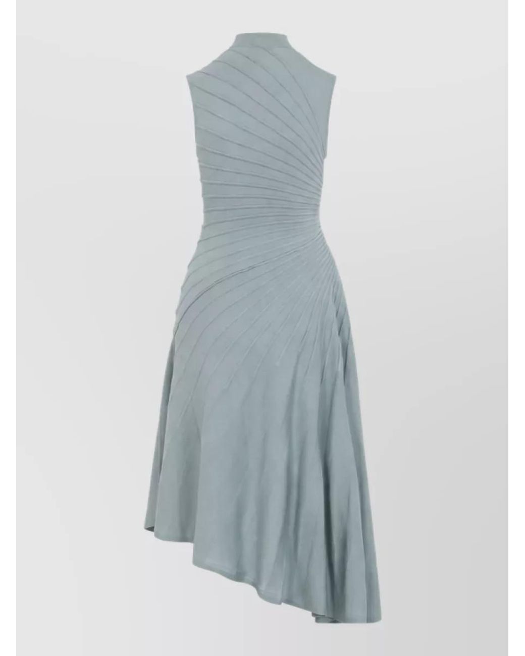 Alaïa Blue Wool Ribbed Sleeveless High-Neck Pleated Asymmetric Midi Dress