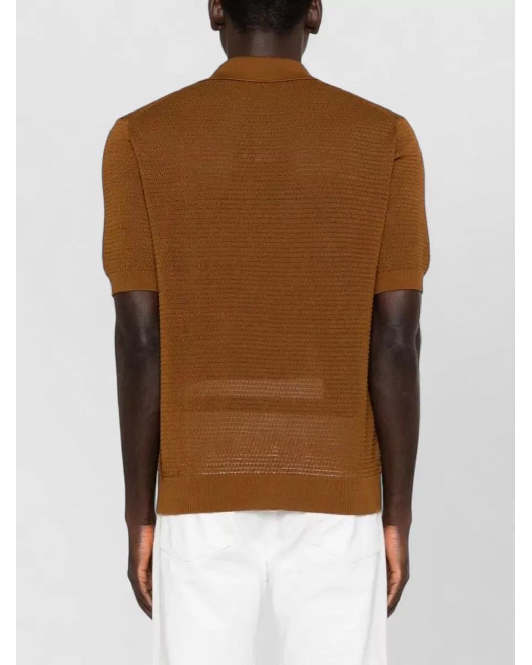 Tagliatore Brown Crochet Cotton V-Neck Short-Sleeve Polo Shirt for men