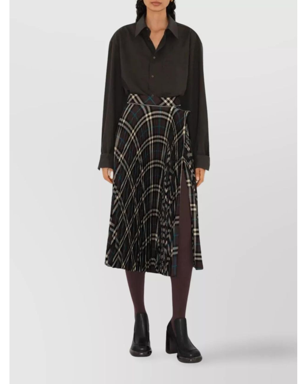 Burberry Black Pleated Check Midi Skirt With Slit