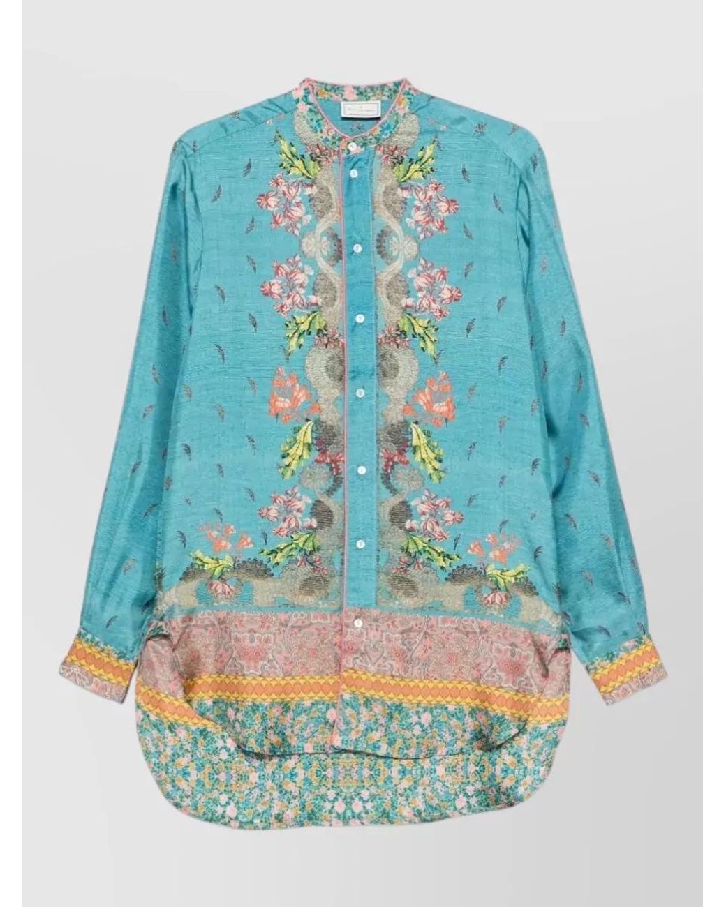 Pierre Louis Mascia Blue Silk Floral-Print Long-Sleeve Shirt