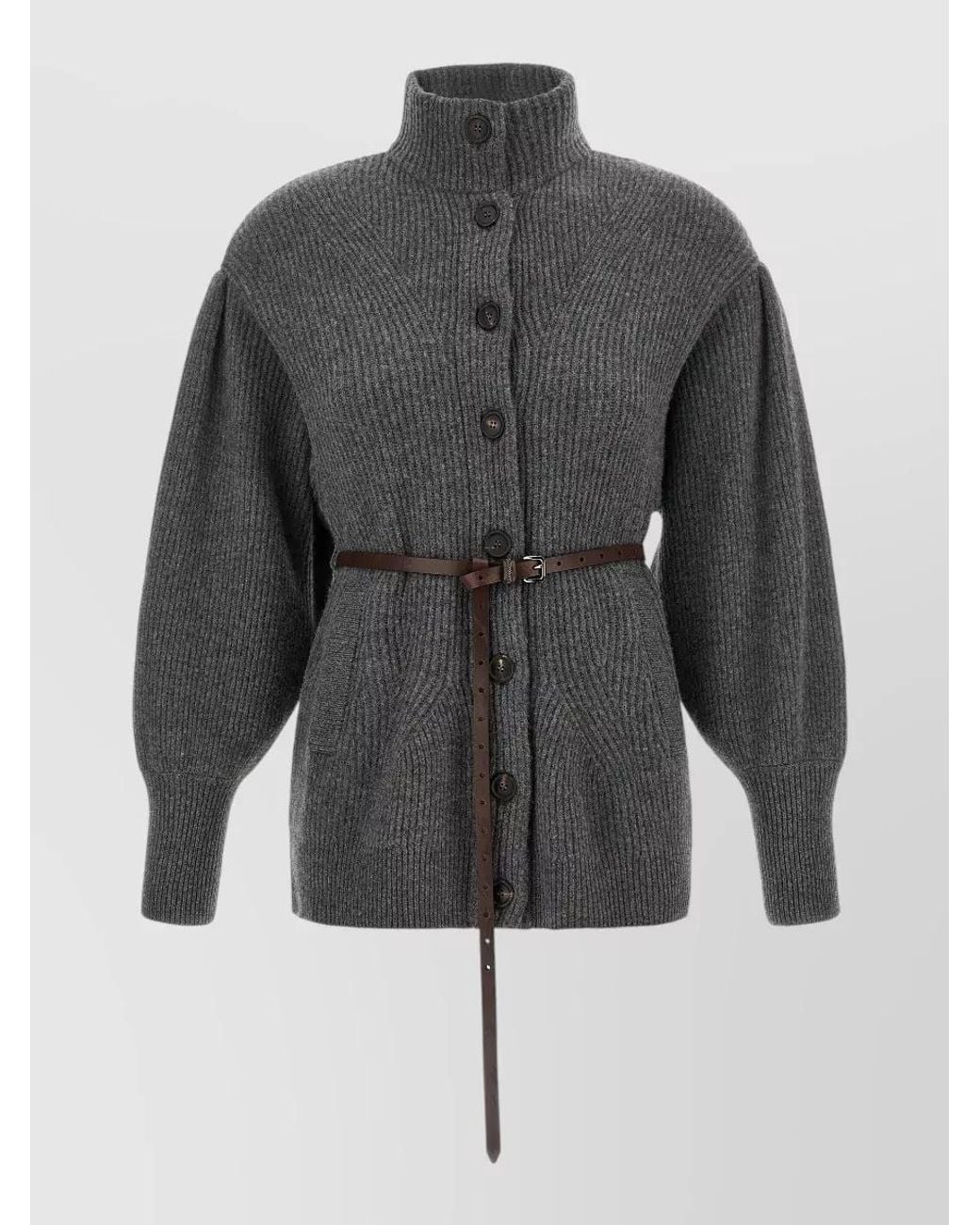 Brunello Cucinelli Gray Ribbed Belted Cardigan