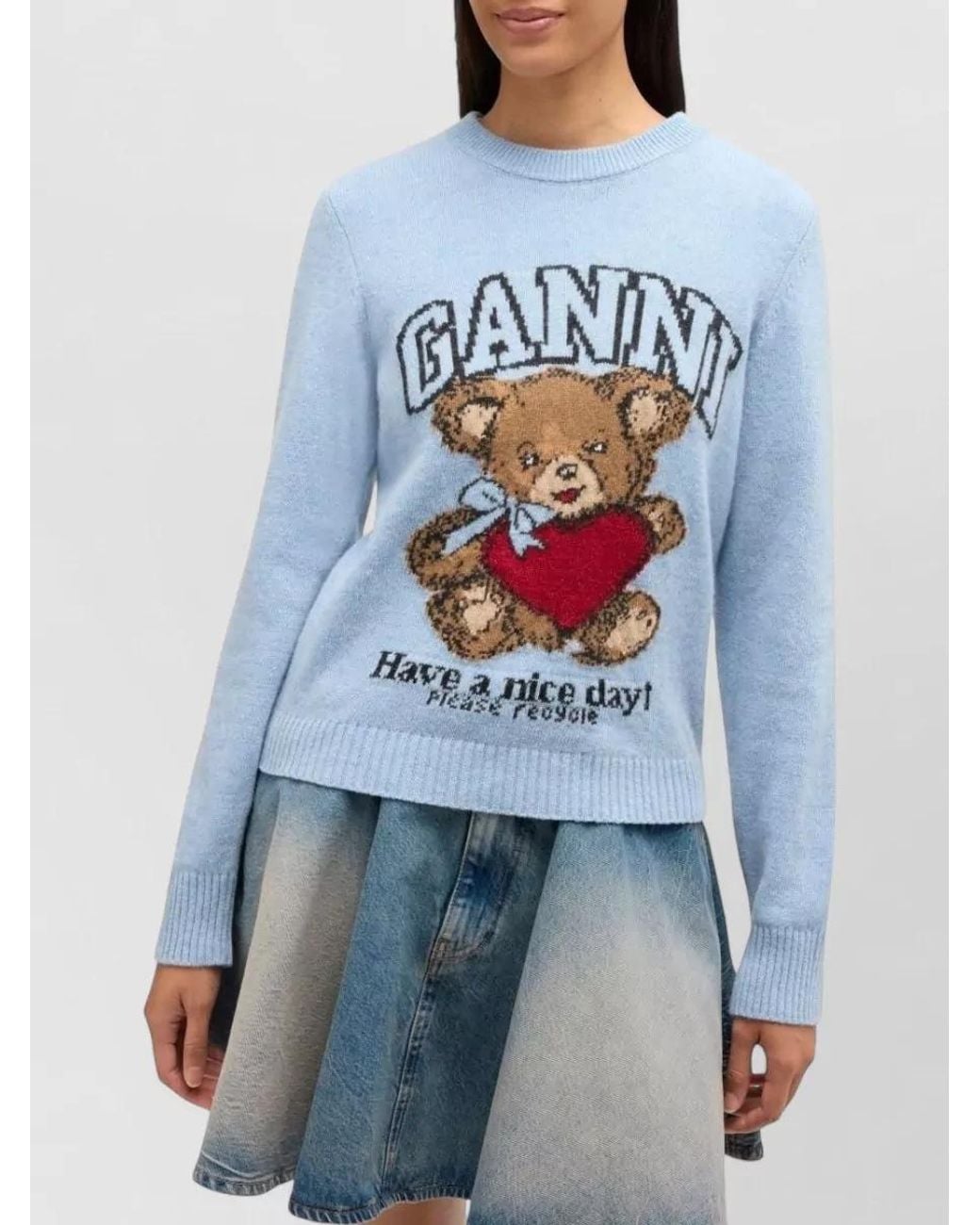 Ganni Blue Wool Graphic-Print Crew-Neck Jumper
