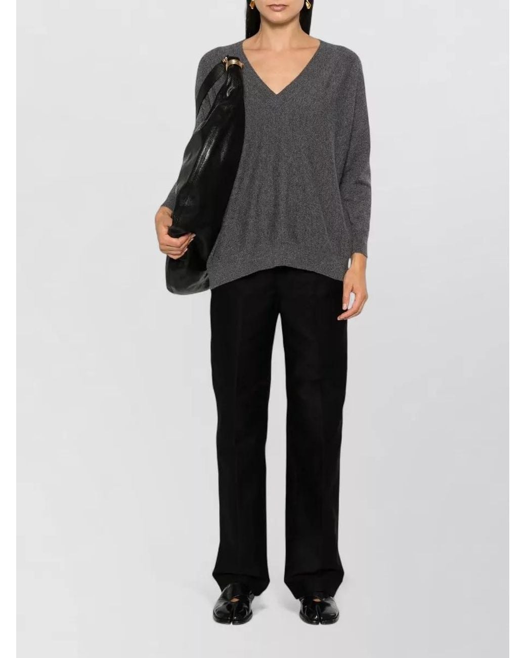 Lisa Yang Gray Cashmere Ribbed V-Neck Sweater