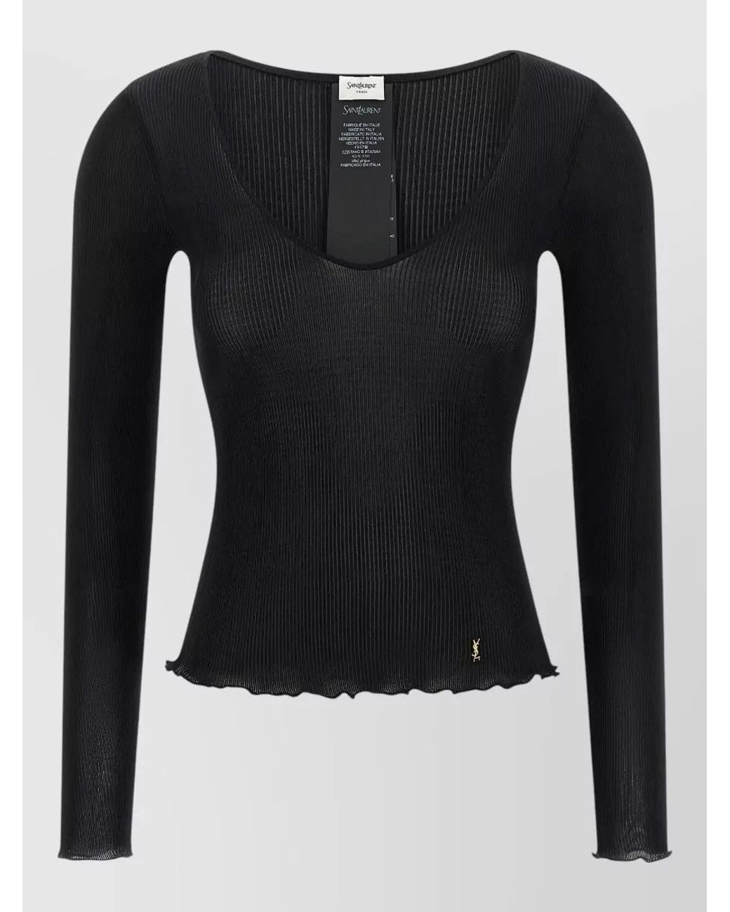 Saint Laurent Black Silk Ribbed V-Neck Long-Sleeve Top