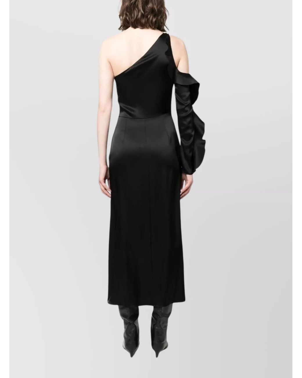 David Koma Black Asymmetric Ruffled One-Shoulder Long-Sleeve Midi Dress
