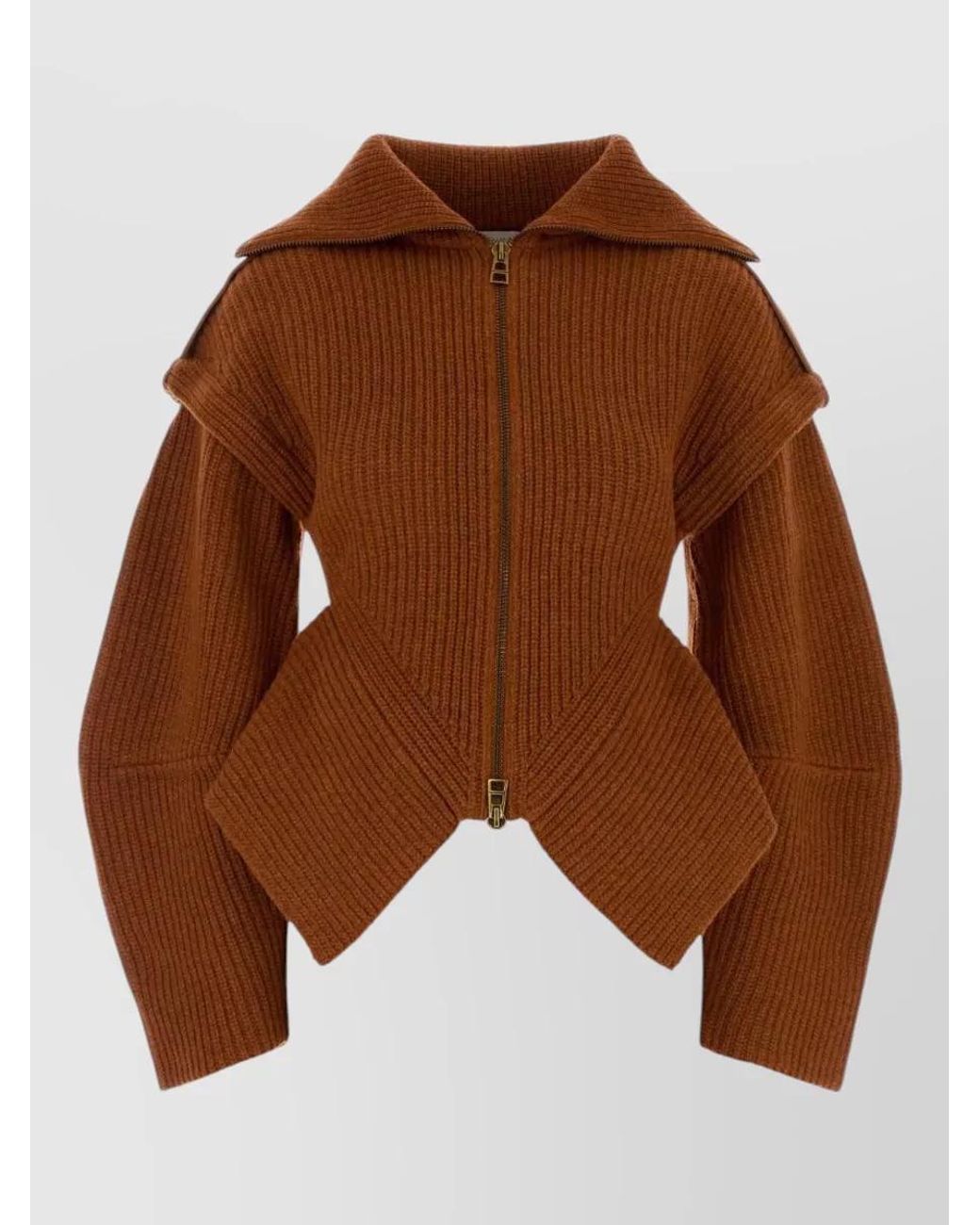Zimmermann Brown Wool Chunky-Knit Peplum Zip Cardigan