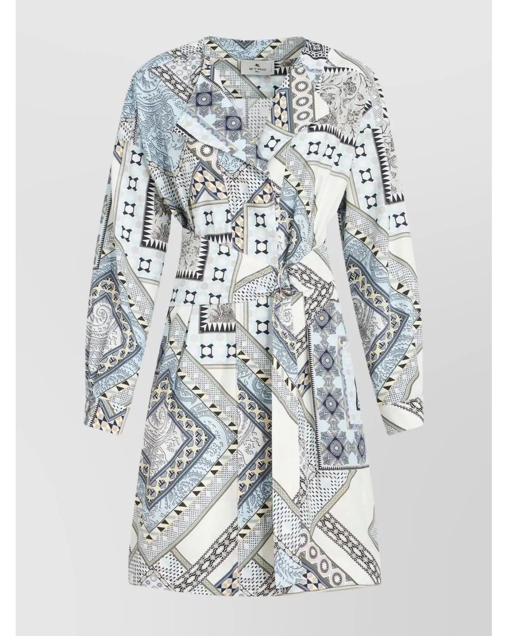 Etro Multicolor Cotton Printed Belted Long-Sleeve Knee-Length Dress
