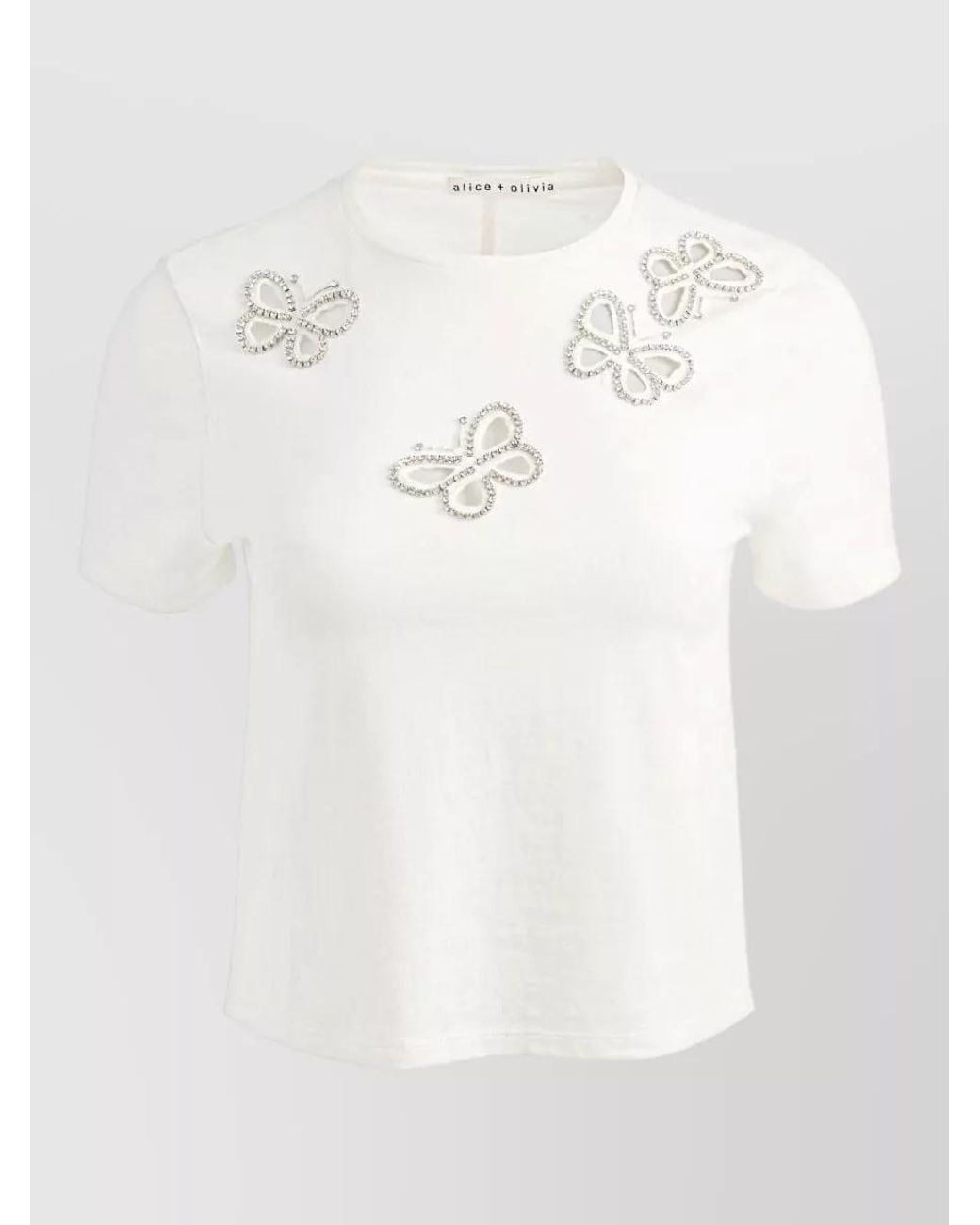 Alice + Olivia White Cotton Crystal Embellished Cutout Cropped T-Shirt