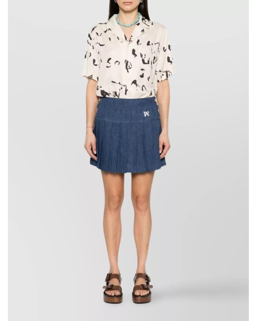 Palm Angels Blue Linen Logo-Embroidered Pleated Miniskirt
